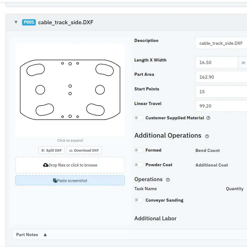 DXF analysis showing part geometry, dimensions, pierce counts, and cut lengths
