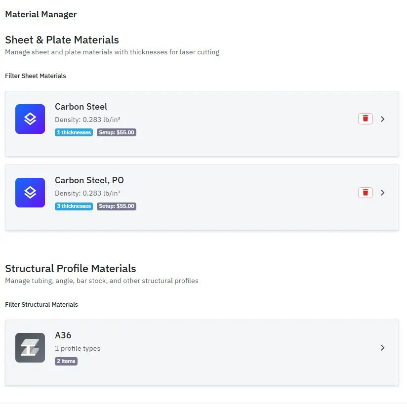 Material manager showing sheet and plate materials with structural profiles