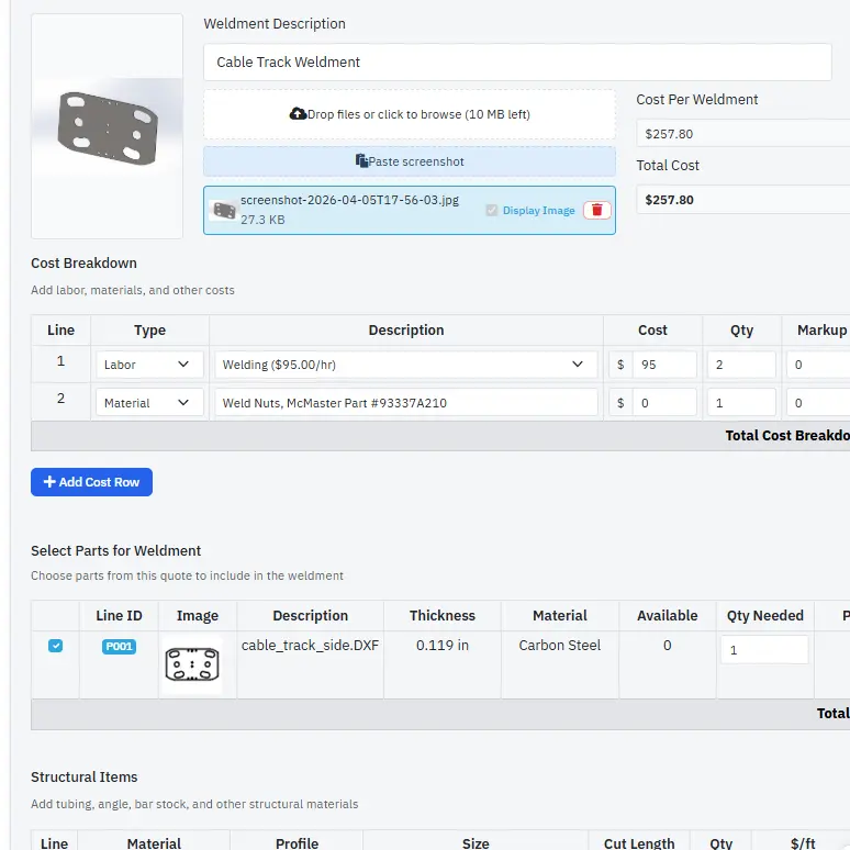 Weldment assembly with cost breakdown, linked DXF parts, and structural items