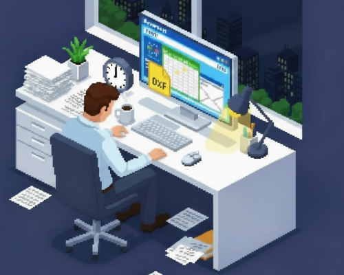 Fabrication shop owner stuck at the desk late at night buried in spreadsheets